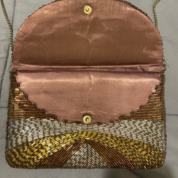 VINTAGE REGALE BEADED EVENING CLUTCH PURSE Brown/Gold w/ Gold Chain ART DECO - Picture 3 of 6